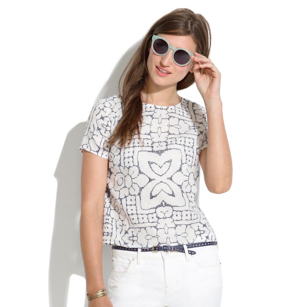 Madewell Linen Cotton Top White Blue Navy size S Small J. Crew